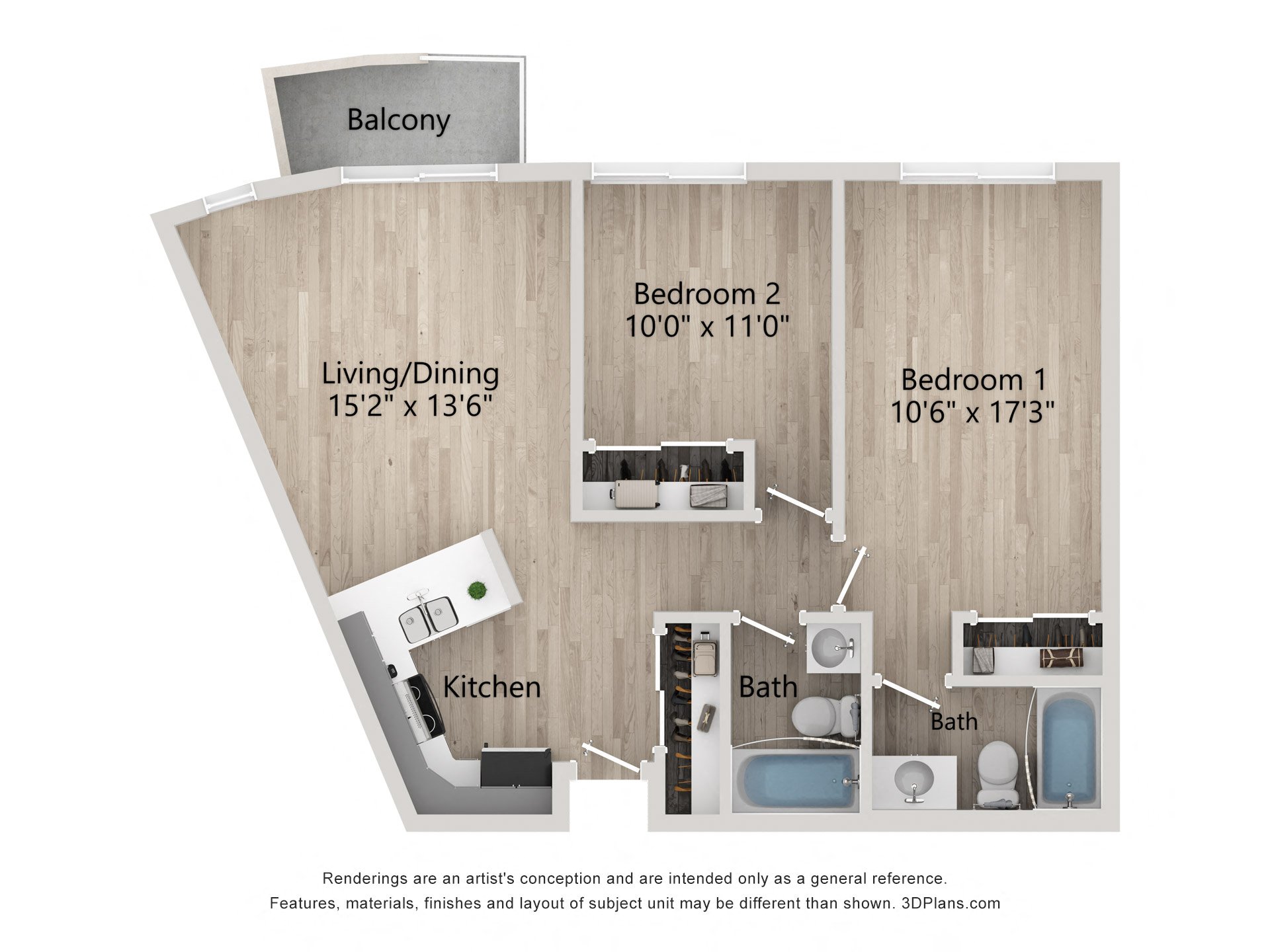 Floor plan for 2 beds, 2 baths, 800 sqft